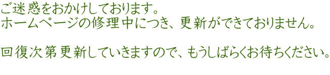 ご迷惑をおかけしております。 ホームページの修理中につき、更新ができておりません。  回復次第更新していきますので、もうしばらくお待ちください。 