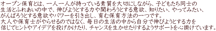 オープン保育とは、一人一人が持っている素質を大切にしながら、子どもたち同士の 生活とふれあいの中で、伸びようとする力や関わろうとする意欲、知りたい、やってみたい、 がんばろうとする意欲やパワーを引き出し、育む保育方法の一つです。 大人や保育士がやらせるのではなく、毎日の生活の中から自分で伸びようとする力を 信じてヒントやアイデアを投げかけたり、チャンスを生かせたりするようサポートを心掛けています。