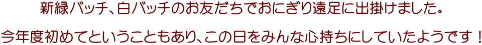 新緑バッチ、白バッチのお友だちでおにぎり遠足に出掛けました。  今年度初めてということもあり、この日をみんな心持ちにしていたようです！ 