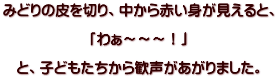 みどりの皮を切り、中から赤い身が見えると、  「わぁ～～～！」  と、子どもたちから歓声があがりました。