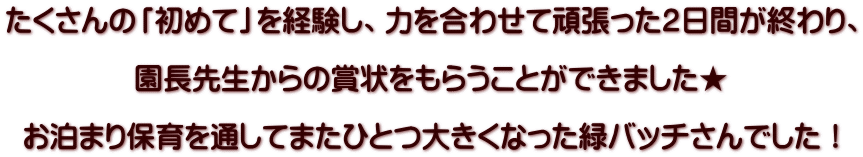 たくさんの「初めて」を経験し、力を合わせて頑張った２日間が終わり、  園長先生からの賞状をもらうことができました★  お泊まり保育を通してまたひとつ大きくなった緑バッチさんでした！